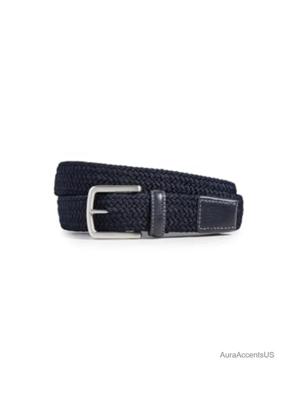Mens Braided Belt Silver-Tone Buckle Cotton Leather Stretch Woven Belt